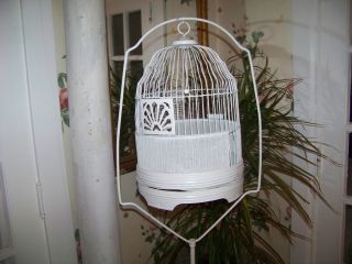   Bird Cage w/Stand shabby white wroght iron stand w/birds on it