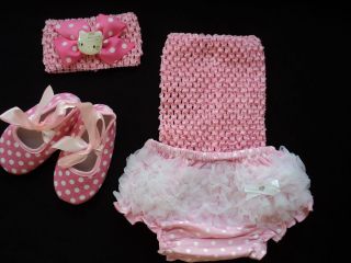 Polka dot baby bloomers set w/crochet top, crib shoes, and Hello Kitty 