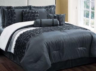 7Pcs Queen Leilani Applique Charcoal Comforter Set