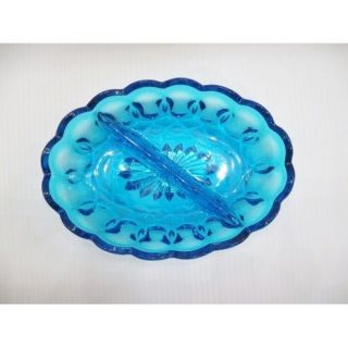 Anchor Hocking Fairfield Blue Cobalt Divided Pickle Snack Dish ca 70s 