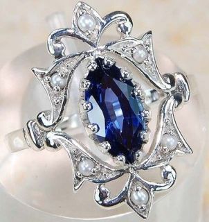 Sapphire Seed Pearl 925 Solid Sterling Silver Victorian Style Ring Sz 