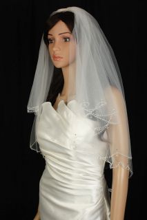 Bridal Veil Wedding 2T Diamond Off White Elbow Crystal Drop Scalloped 