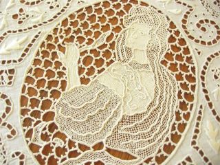 FINE Antique ITALIAN Round Tablecloth FIGURAL Needle Lace Embroidery 