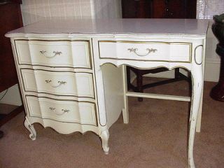 French Provincial Broyhill White Desk Laminate Top Gold Trim Vintage