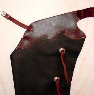 BLACK LEATHER WORK CHAPS BROWN YOKE AND SILVER STAR CONCHOS NEW HORSE 