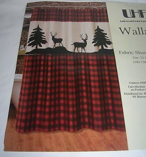 BRAND NEW FABRIC SHOWER CURTAIN REINDEER OVER RED PLAIDS DESIGN 72X72 