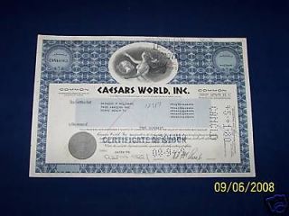 Caesars World Stock Certificate.(C​aesars Palace Hotel,Las Vegas 