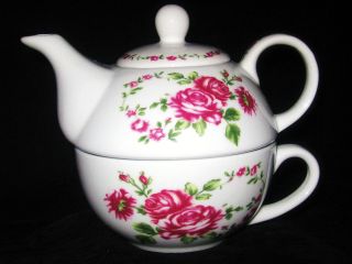   Wild Rose Tea for One Stacking Teapot & Teacup   NEW   FREE SHIPPING