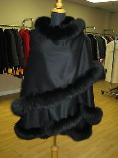Black Cashmere Wool poncho/ cape / wrap with fox fur