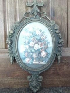 Vintage Brass Picture Frame with original art. Made in Italy. 6 1/2 