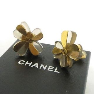 Authentic Chanel Clip on Earrings CC Clover Gold tone Made in France 