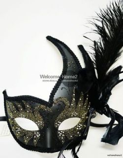 Masquerade Feather Mask in Black w/ Gold Swan Pattern