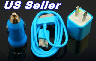 Blue Home Wall & Car Charger & USB Cable For iPod Touch iPhone 2G 3G 