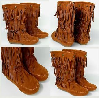 Fringe Moccasin Mid Calf Flat Womens Boots Round Toe Tan Faux Suede 