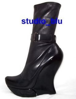 CELINE Black Leather Platform Wedge Heel Ankle Boots 38 or 38.5
