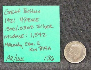 1921 Breat Britain 4 Pence KM 814a Silver Coin AU/UNC LOW MINTAGE 