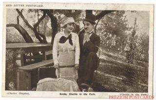 CHARLIE CHAPLIN in CHARLIE IN THE PARK. Red Letter Photo Card ca1915