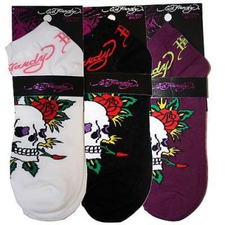 Ed Hardy Skull With Roses Fancy Sport Socks   Black, Purple, White