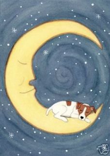 Jack Russell Terrier (JRT Parson) sleeping on moon / Lynch signed folk 