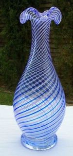 Turkish Pasabahce Blue, White Swirl Glass Vase