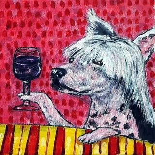 CHINESE CRESTED at a wine bar dog art tile coaster