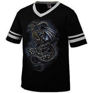 Guardian Of Hell Dragon Mens V neck Ringer T shirt Gothic Skull Pile 