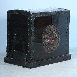 Large Antique Carved & Painted Chinese Trunk Impressive Wrought Iron 