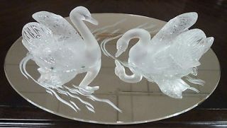   FRANCE Pair of SWANS on Oval etched Swan Lake mirror Ret. $20,000