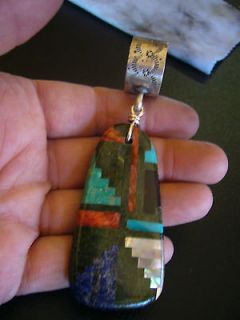   RED SPINY, TURQUOISE & STERLING PENDANT W/LG BAIL BY CLARENCE CHAMA