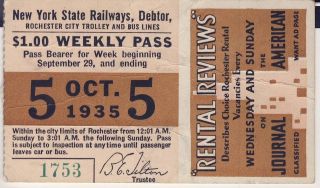 OCTOBER 1935 ROCHESTER NY TRANSIT CORP CITY LINES PASS