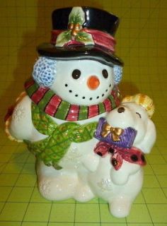 Fitz Floyd 1995 Snowman with puppy holding a present candy jar 