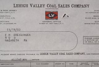 1953 Billhead Lehigh Valley Anthracite Coal Sales Co. Breidinger 