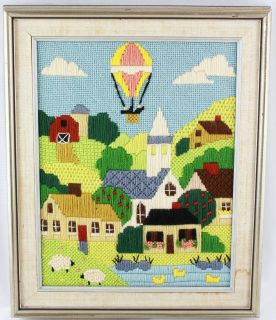   Framed Picture Country Scene w/Hot Air Balloon, Church, Pond