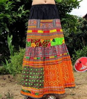 long elastic waist skirt patched together by hmong thai hill tribe red 