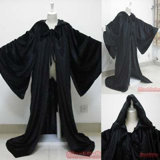 Medieval Blacks Velvet Hooded Cloak Cape Black Wizard Robes Halloween 