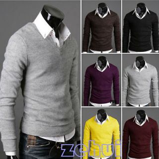 NEW Slim Fit V neck Bottoming Knit Stylish Sweater Hot Mens Fashion 