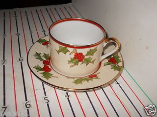 FITZ & FLOYD CHRISTMAS HOLLY CUP AND SAUCER