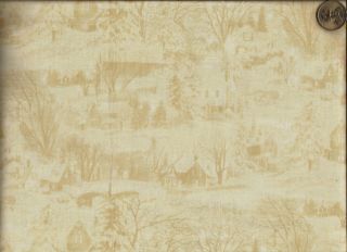 Snowy Winter Houses/Trees/B​ridge Print on Yellow Toile Fabric 2 1 