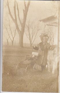 RPPC, Child Pushing Stroller w/ Doll And Dog, POSTCARD