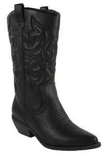 Reno Soda Western Cowboy Wing Stitching Boots Black Leatherette