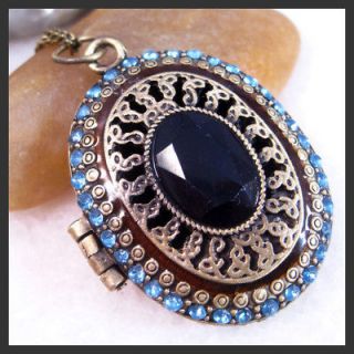 Black Onyx Blue Sapphire Oval Vintage Brass Locket Pendant Necklace NA