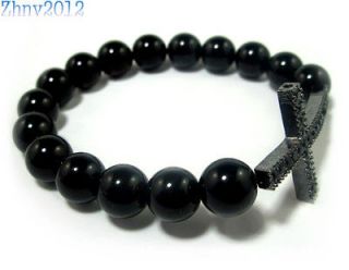 Fashion Jewelry Handmade Black Agate Sideways Cross Stretch Bracelet 