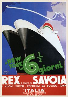 Italy New York Steam Boat Ship Genova Savoia Travel Vintage Poster 