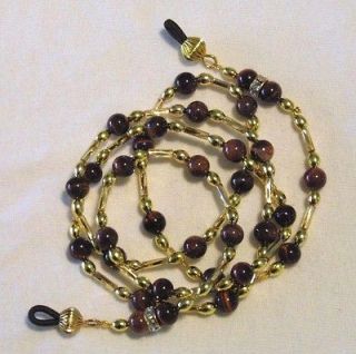 EYEGLASS CHAIN 466 Red Tigers Eye Stone Beads* Crystals*Golde​n 
