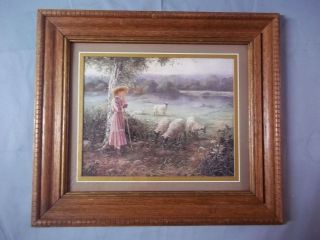 Vintage Shepherd Girl & Her Sheep Print~14 x 16  Frame, Double Mat 
