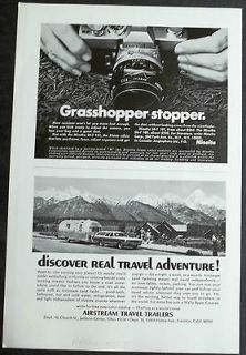 1971 Minolta Camera Ad + Airstream Camper Ad Grasshopper Stopper Real 
