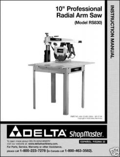 Delta ShopMaster Radial ArmSaw Instruction Manual RS830