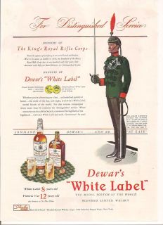 1940 VINTAGE DEWARS WHITE LABEL SCOTCH WHISKY KINGS ROYAL RIFLE PRINT 