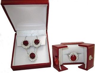   PCS RUBY RED SIMULATED DIAMOND EARRINGS NECKLACE PENDANT RING SET