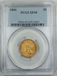 1854 Indian $3 Gold Coin, PCGS XF 45, Three Dollars